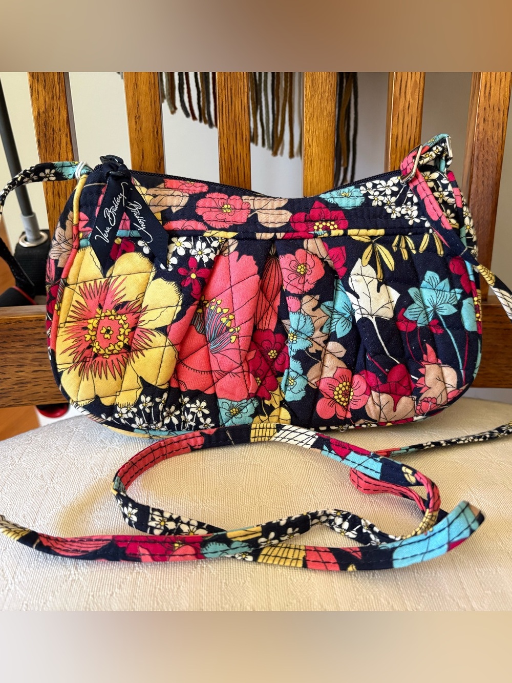 Vera Bradley Black Quilted Floral Crossbody with Red, Yellow, Aqua Accents